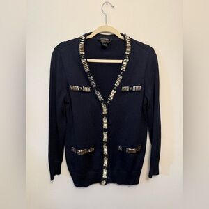 St. John Navy Cardigan with Beaded Trim